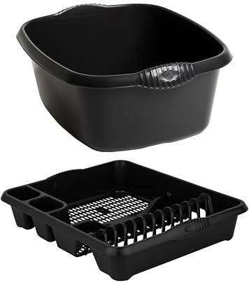 M1SS Set of 39cm Rectangular Washing up Bowl with Large Dish Drainer Plate Rack Draining Board Tray Stand Sink Holder Kitchen Organiser - Midnight
