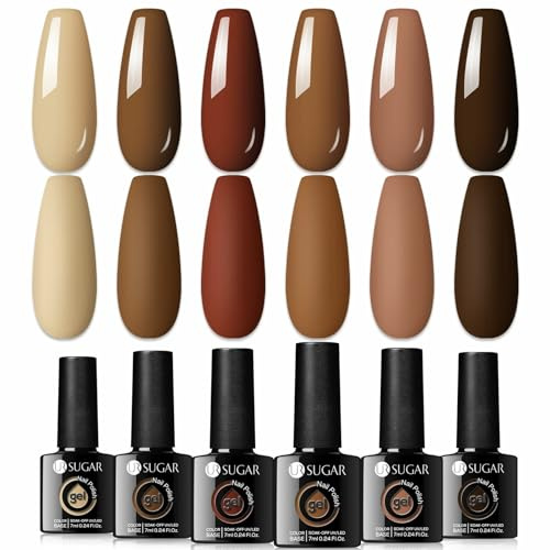 UR SUGAR Autumn Winter Gel Nail Polish Set, 6 Colours Brown Gel Polish Set Nude Caramel Coffee Burgundy Red Khaki Fall Polish Kit Soak Off U V Nail Varnish Gifts for Halloween Christmas
