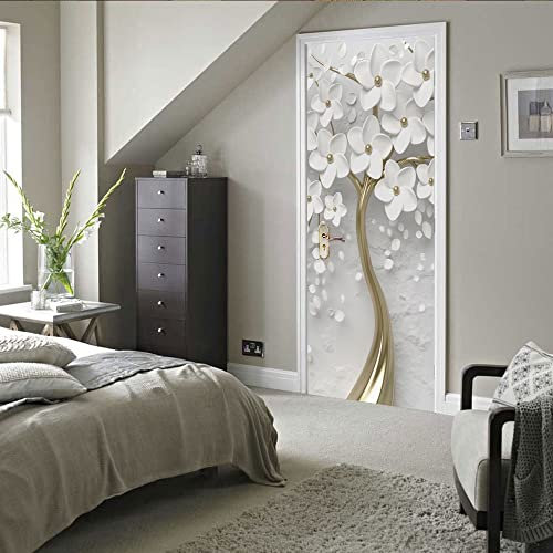 stickers trompe loeil 85x215cm(33.46 inches * 84.64 inches) Blanc fleurs Autocollants De Porte 3D Stickers Porte Poster Couloir 3D Papier Peint Porte Trompe L'Oeil Pour Salon Chambre Décoration