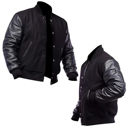 Mount Helicon Two-Tone Leather Baseball Varsity Jacket for Men - Premium Quality and Unique Design (US, Alpha, Large, Regular, Regular, Solid Black)