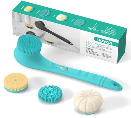 VOYOR Rückenbürste Körperbürste Elektrisch DuschbürsteNatürliche Mähne Trockenbürste Duschschwam mit Langem Griff für Exfoliating IPX6 Wasserdichte USB-Aufladbar Silikon-Körperbürste BC300 (Blau)