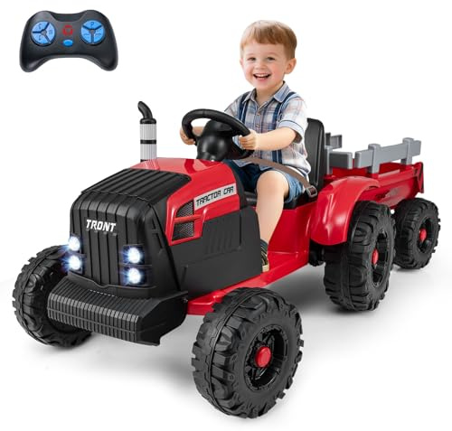 Costzon 24V Ride on Tractor with Detachable Trailer, Kids' Electric Vehicles with 3 Speeds, 15° Climbing, Wireless Design, Horn & Music, Remote Control Tractor Toy for Kids 3+,Gift (24V, Red)