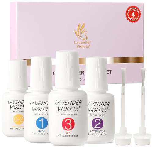 Lavender Violets Dip Powder liquid Set with Nail Primer, Activator Base Top Coat High Glossy & Long Lasting Replacement Brushes Dipping Powder Nail Kit Essential Portability J781
