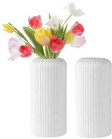 Fyfjur Lot de 2 jarrones de flores de plástico con rayas modernas y duraderas para flores, jarrones de plástico para salón, oficina, decoración de boda (20 x 10 cm)