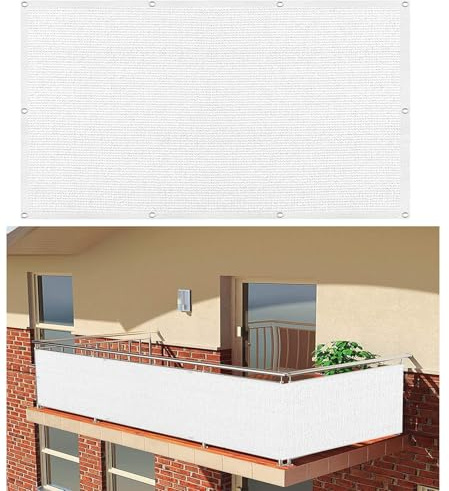 Balkon Sichtschutz 70 x 140 cm Atmungsaktiv Sonnenschutz blickdichte Balkonumspannung ohne Bohren, UV-Schutz Reißfest Mit Zubehör Balkon Abdeckung sichtschutz nach maß, für Terrasse, Weiß