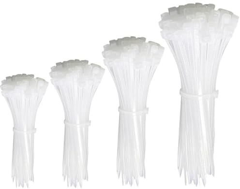 200 Stück Kabelbinder Weiß Set 100/150/200/300mm, UV-beständig, selbstsichernd für drinnen und draußen - Ideal für Kabelmanagement, Gartenarbeit, Haushalt, Werkstatt, der Garage