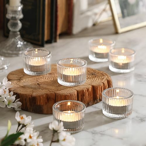 Tealight Candle Holder 12Pcs Small Glass Tea Light Holders Votive Candle Holders for Table Centerpiece Home Decor, Wedding, Birthday Party, Dining Rooms, Living Room (Clear)
