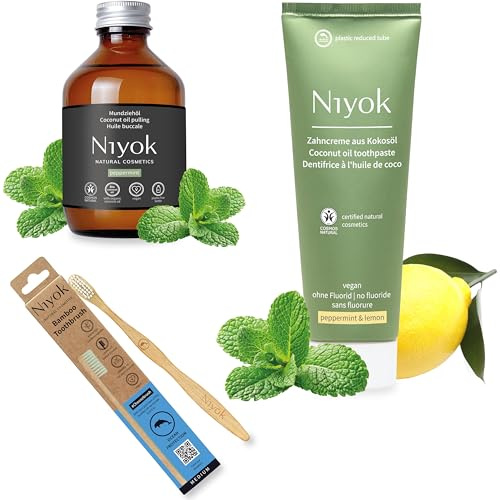 Niyok Zahncreme aus Bio Kokosöl Pfefferminze & Zitrone (75ml), Mundziehöl aus Bio Kokosöl Pfefferminze (200ml), Bambus Zahnbürste MEERESSCHUTZ 1er
