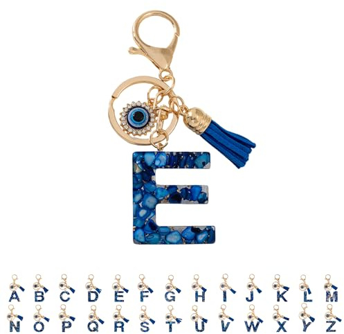 Porte Cles Lettre,Porte Clef Oeil de Protection Bleu, Porte-clés Nazar Turc Traditionnel pour Auto et Sac, Bijouterie de Sac à Main Originale avec Oeil Bleu,Femme Homme Cado (E)
