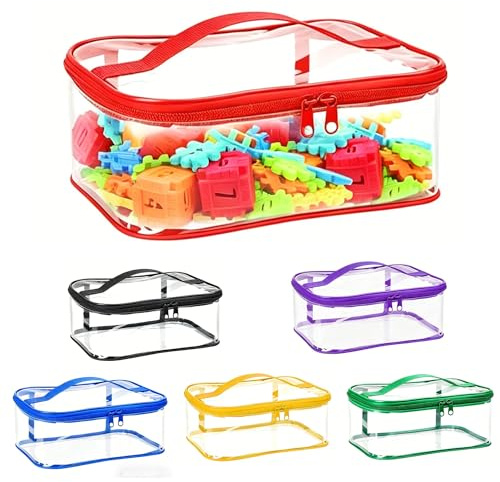 Clear PVC Toy Storage Bags with Handles 6 Pcs, Waterproof Toy Organizer Bags with Zipper, Reusable Travel Storage Pouches for Building Blocks Puzzle Balls Bath Toys, 6 Colors 24x17.5x11cm