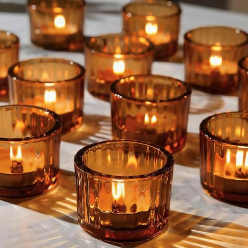 12 Pcs Tea Light Candle Holders, Amber Glass Tealight Holders for Table Centerpiece, Votive Tealight Holders 5cm x 3.5cm Vintage Candle Holder for Weddings, Birthday Parties, Home Decor, Table Decor