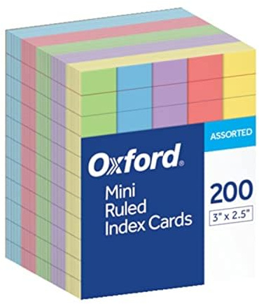Oxford Mini Ruled Index Cards, Ruled, 3. x 2.5 , Assorted Colors, 200 ea