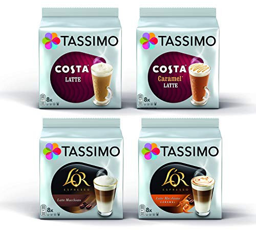 Tassimo Latte Bundle - Costa Latte/Costa Caramel Latte/L'Or Latte Macchiato/Latte Macchiato Caramel Coffee Pods - 4 Packs (32 Servings)