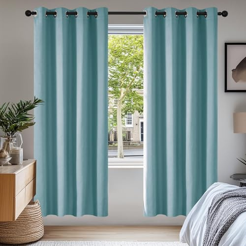 Deconovo Super Soft Solid Thermal Insulated Eyelet Blackout Curtains for Bedroom 55x69 Inch Two Panels Sky Blue