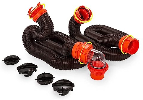 Camco RhinoFLEX 20' Camper/RV Sewer Hose Kit - Includes 4-in-1 Adapter, Clear Elbow, & Caps - Connects to 3″ Slip & 3″, 3 1/2″, 4″ NPT Threaded Sewer Connections (39742)