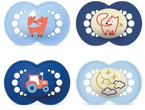 MAM Day & Night 6-16 mesi Ciuccio in silicone, set da 4 pezzi Boys, con 2 scatole sterilizzate