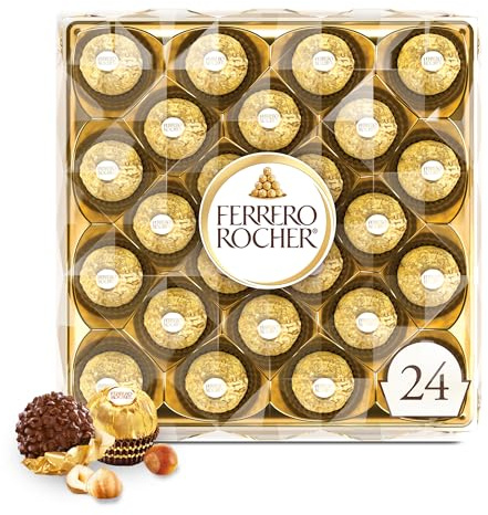 Ferrero Rocher Gourmet Hazelnut Milk Chocolate Gift Box, 24 Individually Wrapped Chocolates, 10.6 oz