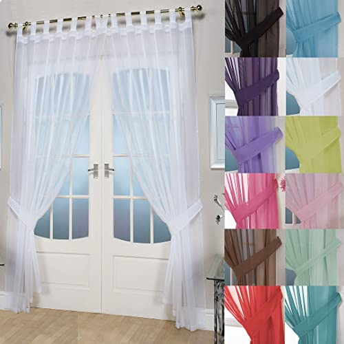 John Aird Pair Of Woven Voile Tab Top Curtain Panels. Tiebacks Included (White, 58 Wide x 54 Drop)