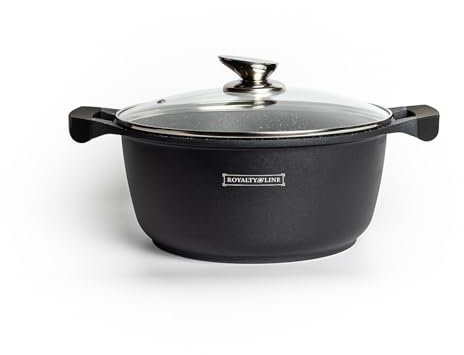 Royalty Line - RL-BS34M - Faitout avec Revêtement Marbre, Couvercle en verre, Induction, 10 Litres, 34 cm, Noir