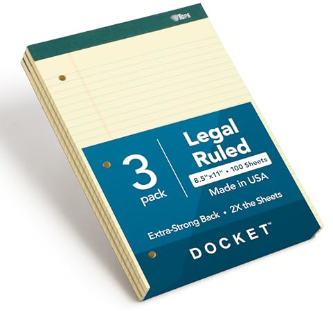 TOPS Docket Legal Pads, 3 Pack, Premium Note Pads, 100 Legal Ruled 8.5 x 11 Sheets, Canary Yellow Paper with Firm Back, Professional Legal & Office Notepads, 3 Hole Punched, 2X More Sheets, Proudly Made in the USA