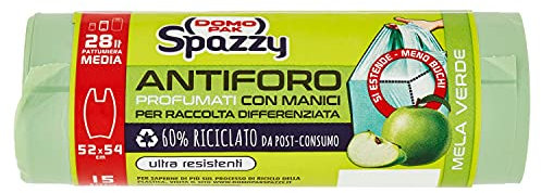 Domopak Spazzy Sacchi Nettezza Antiforo con Manici - Profumato alla Mela Verde - Casalingo 28 lt - verde - 1 confezione da 15 pezzi