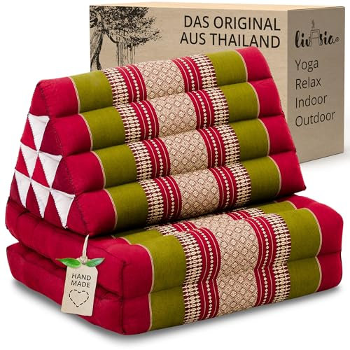 livasia Thaikissen mit 2 Auflagen - 120x50x8cm - Dreieckskissen mit Sitzkissen, Keilkissen mit Kapok, Rückenkissen faltbar, Thaimatte zum Klappen, handgefertigt, Meditationskissen (Rot/Grün)