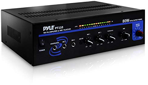 Pyle Compact Mono Public Address Amplifier - Professional 80 Watt Peak 70v PA Amplifier for Restaurants or Commercial Applications, 2 Mic Inputs With Independent Volume Control, Headphone In - PT110