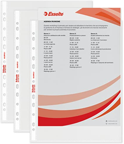 Esselte Buste Perforate Standard, in PPL Antiriflesso, per Archiviare e Conservare Documenti in Formato 22x30 cm, Confezione da 100 Buste, 391007300
