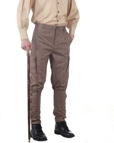 Steampunk Victorian Cut Airship Pants- Plaid Brown Jodhpur Style - Size Medium