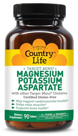 Country Life Target-Mins Magnesium Potassium Aspartate, 600mg/198mg, 90 Tablets, Certified Gluten Free, Certified Vegan