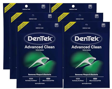 DenTek Triple Clean Advanced Clean Floss Picks, No Break & No Shred Floss, 90 Count, 6 Pack