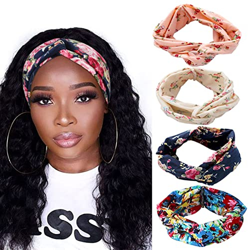 DRESHOW 4 Pièces Bandeau Cheveux Femme Boho Bandeaux Vintage Fleur Imprimé Hair Bandeau Cross Noué Élastique Bande de Cheveux Accessoire,Taille unique,Rose Blanc Navy Blue
