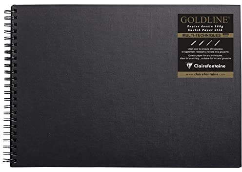 Clairefontaine 34253C Carnet Spiralé Goldline - 64 Feuilles Papier Dessin Blanc - A3 29,7x42 cm 140g - Format Paysage - Couverture Rigide Noire Imitation Toile