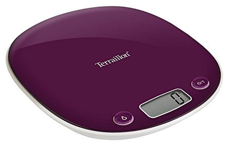 TERRAILLON Elektronische Küchenwaage – Tara, Flüssigkeitsumrechnung, integrierter Griff, Wiegebereich 5 kg, Genauigkeit 1g – Modell 'Macaron Inox' Pflaume, Pflaumenfarben