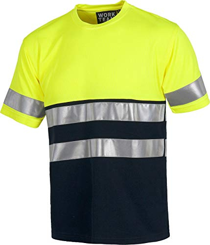 WORKTEAM Camiseta Manga Corta de Trabajo, Alta Visibilidad y Cintas Reflectantes, EN ISO 20471. Tallas Grandes. Unisex Amarillo A.v.+Marino L