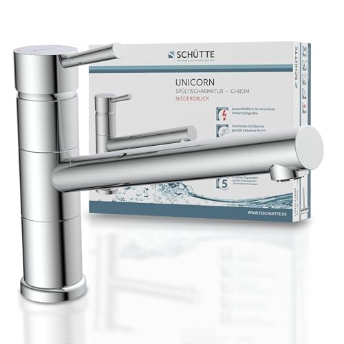 SCHÜTTE 33790 UNICORN Niederdruck-Küchenarmatur 150° schwenkbar, Wasserhahn für die Küche mit Anti-Nachlauf-Funktion, Mischbatterie mit Einhebelmischer, Spültischarmatur, Chrom