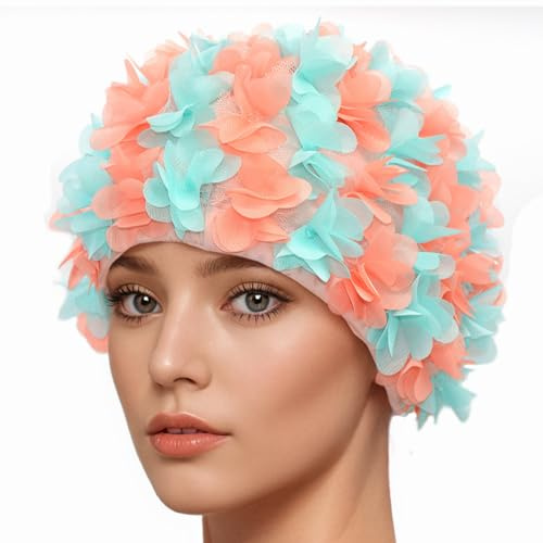 Medifier - Cuffia da bagno vintage in pizzo, motivo petalo floreale, stile retrò, per donna, colore: rosa (azzurro e arancione-rosso)