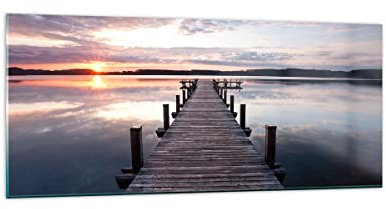 Wandbilder Dekoration Wohnzimmer Fußgängerbrücke See Sonnenuntergang Abend Panorama Bilder auf Glas 120x50cm Glasbild Schlafzimmer Küche Wand Kunstdruck Art Groß Wanddeko Modern GAB120x50-2635