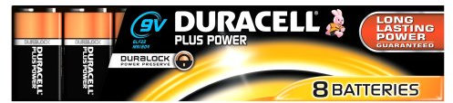 Duracell Plus Power Piles alcaline 9 V Pile Non-Rechargeable (alcaline, flasque, 9 V, 8 pièce (s), 9 V)