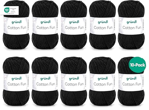 Gründl Wolle Cotton Fun - Wolle zum Häkeln - Strickgarn - Häkelgarn - Pflegeleicht und hautfreundlich - 100% Baumwolle - 10 Knäuel 50 g / 115 m - Nadelstärke 3-4 - Schwarz