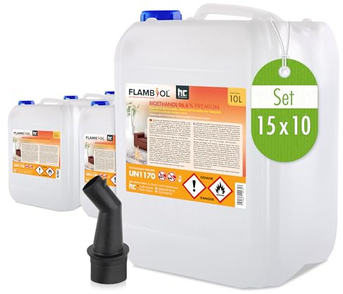 Bioéthanol 100% FLAMBIOL 15 x 10 L- Combustible Liquide Dénaturé pour Cheminée et Foyer à l'éthanol - Usage Intérieur - Combustion Propre et Quasi Inodore