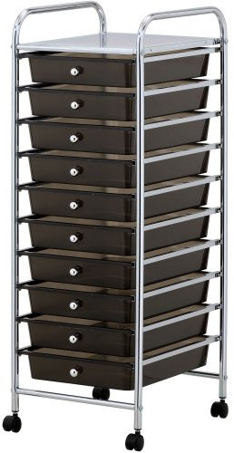 VonHaus Storage Trolley, 10 Drawer Black Wheeled Makeup Trolley, Durable Storage with Plastic Drawers, Chrome Frame & 360° Wheels, Versatile Organiser for Bedroom, Bathroom, Home Office