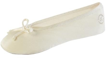 isotoner Women's Satin Ballerina Slipper with Bow, Suede Sole, Cream XX-Large / 11-12 US