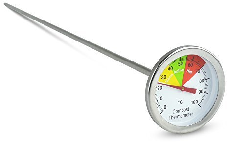 Compost Thermometer - Stainless Steel Probe - Colour Coded Temperature Guide - 50mm Dial and 500mm Stem - Home Gardening Tool