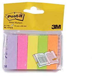 Post-it Marque-Pages En Papier, Pack de 5 Blocs, 15 mm x 50 mm, 100 Feuilles par Bloc, Couleurs Assorties - Pour Marquer, Surligner ou Codifier des Informations