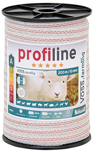 VOSS.farming Weidezaunband 200m, 10mm, 1x0,3 Kupfer + 3x0,2 NIRO, weiß-rot Band für Weidezaun, Zaunanlage, Breitband, Pferd Pony