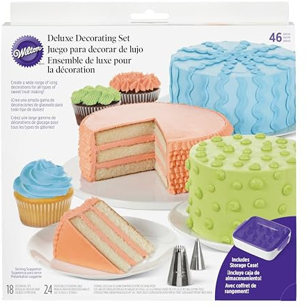 Wilton Deluxe Decorating Spritztüllen Set/46, Edelstahl Tüllen für Spritzbeutel: Runden, Stern-, Blütenblatt- und Blatt-Spritztüllen, Spritztülle zum Dekorieren von Kuchen Torten Cupcakes - Set/46
