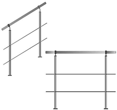 TIBU Edelstahl Handlauf Geländer 1m - 6m Treppen Brüstung Balkon, Länge 2.0m inkl. 3 Pfosten 2 Querstangen)
