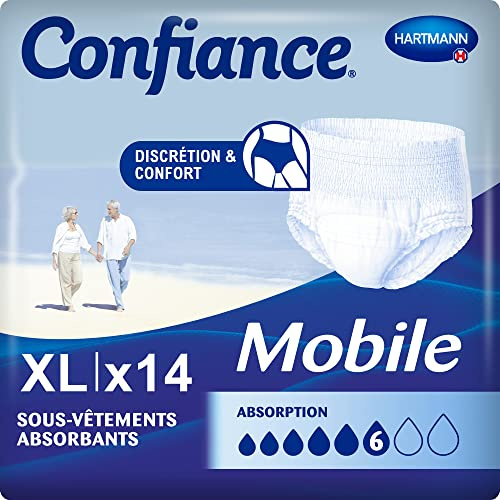 Confiance Mobile - Slips Absorbants pour Hommes et Femmes - Niveau d'Absorption = 6 gouttes (Fuites Urinaires Moyennes) - Discrets et efficaces - pH Neutre à la Peau - Taille XL - 14 Unités
