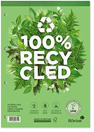 Silvine 120 Page Premium Recycled Refill Pad A4. Ruled 8mm Feint with Margin - Ref R101